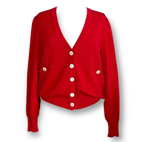 Valentino Womens Red Cardigan Sz M Vintage 80s Luxury Wool Knit Blouson Sweater - Picture 2 of 9